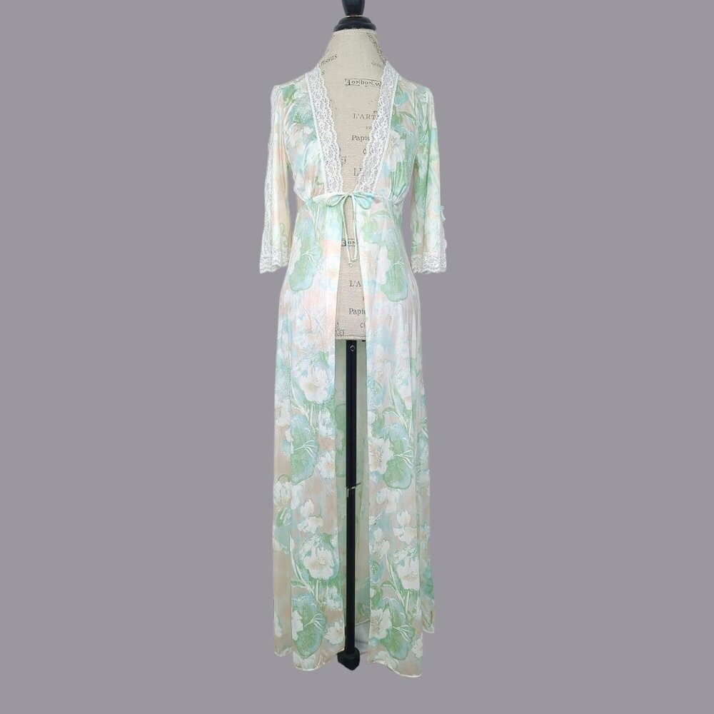 Vintage 60s Chevette Long Robe Small Green Lace Floral